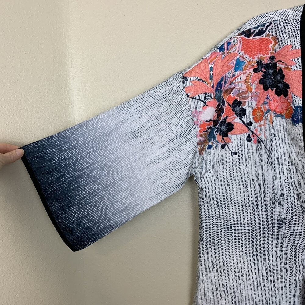 IC By Connie K Womens S Kimono Cardigan Floral Artsy Tie Asian Jacket Tunic Top - Picture 8 of 13